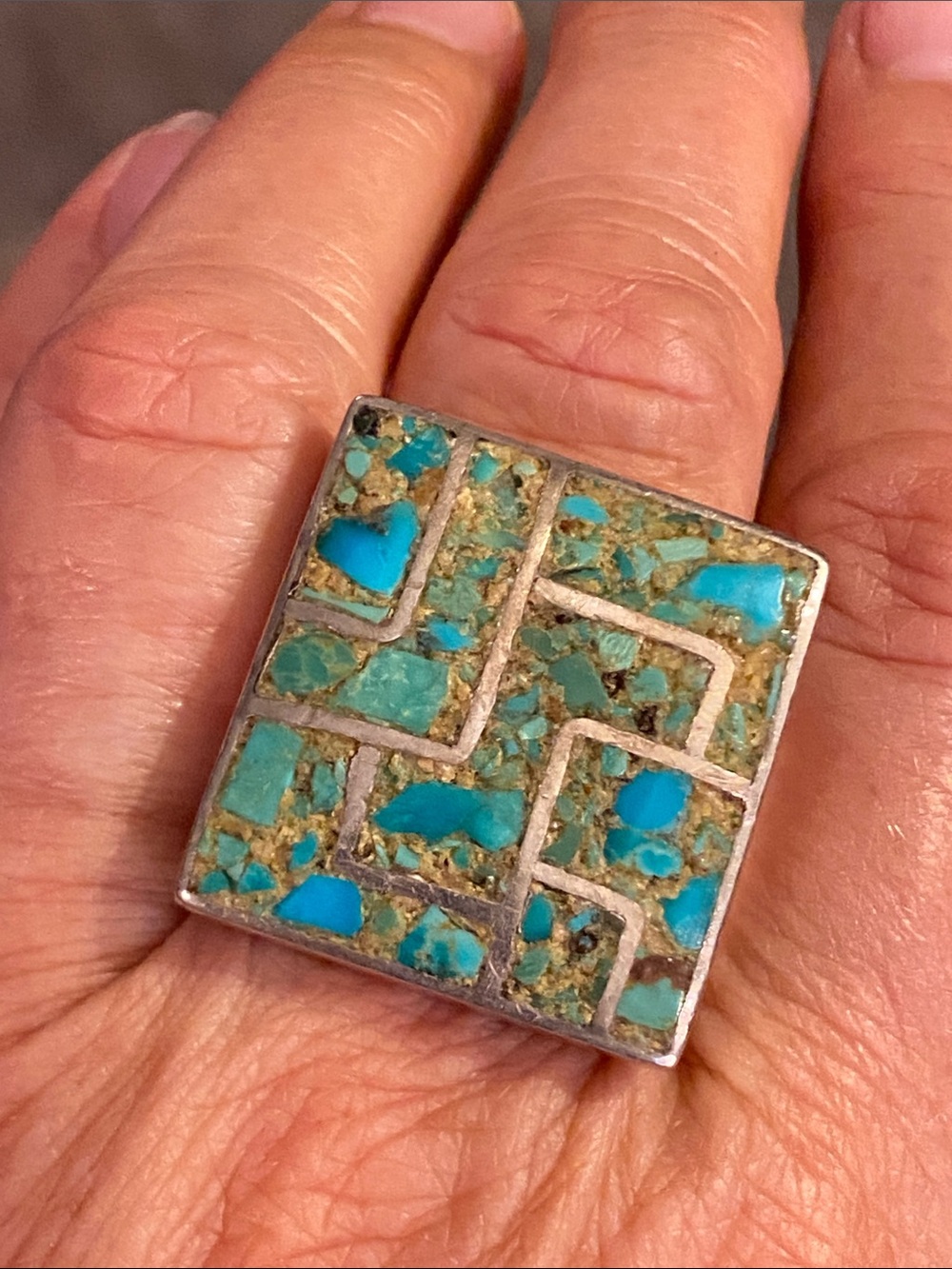 Vintage Sterling Silver Mosaic Turquoise Ring 30.6g Size 12.5-13